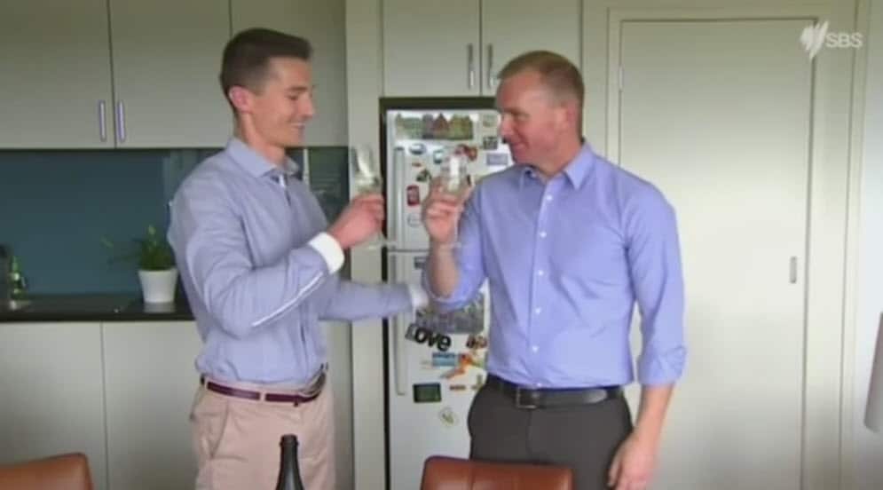 Mike Bennett and Dave Novotny celebrate the news Australia has voted Yes to legalise same-sex marriage. 