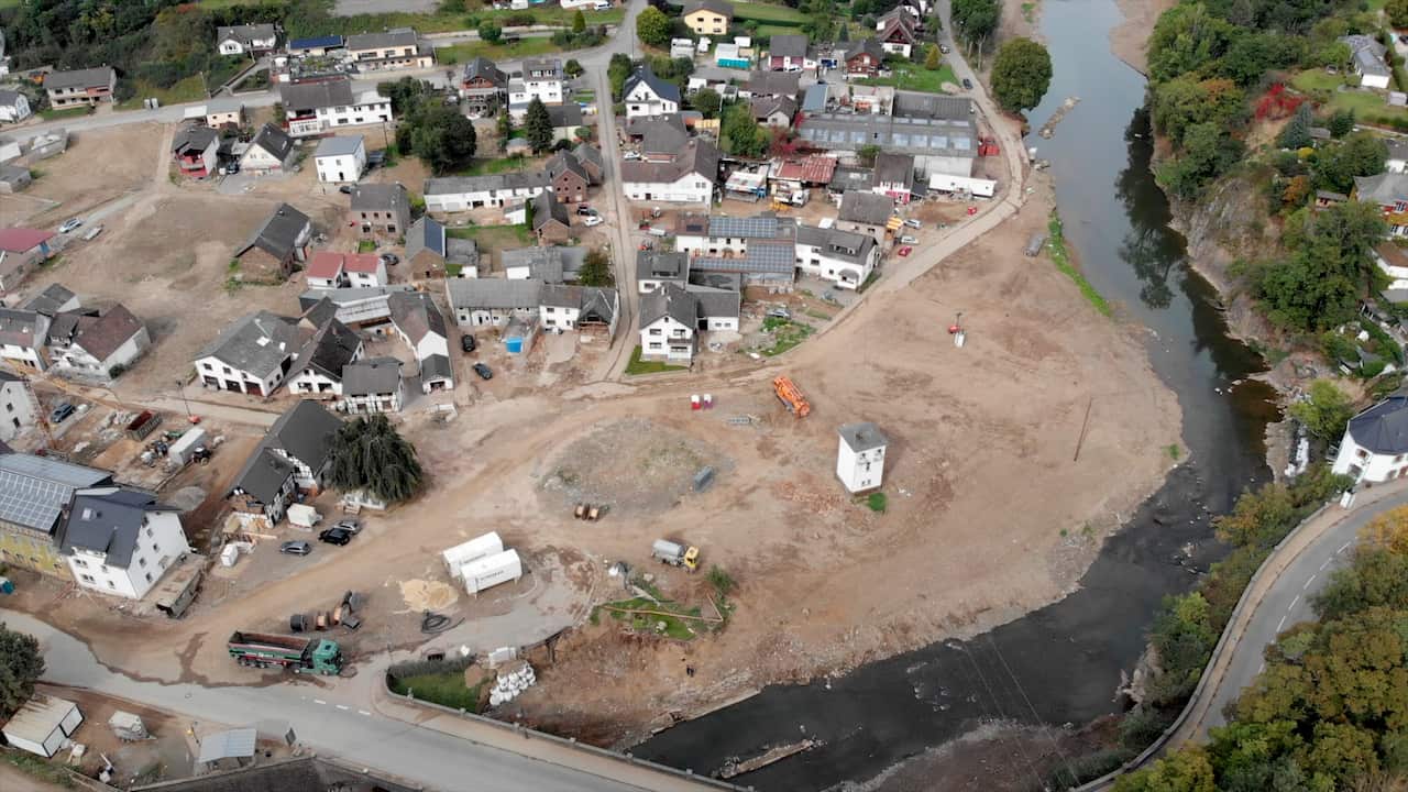 Aerial view of the town of Schuld, Germany. Much of the town has been bulldozed after flood damage.