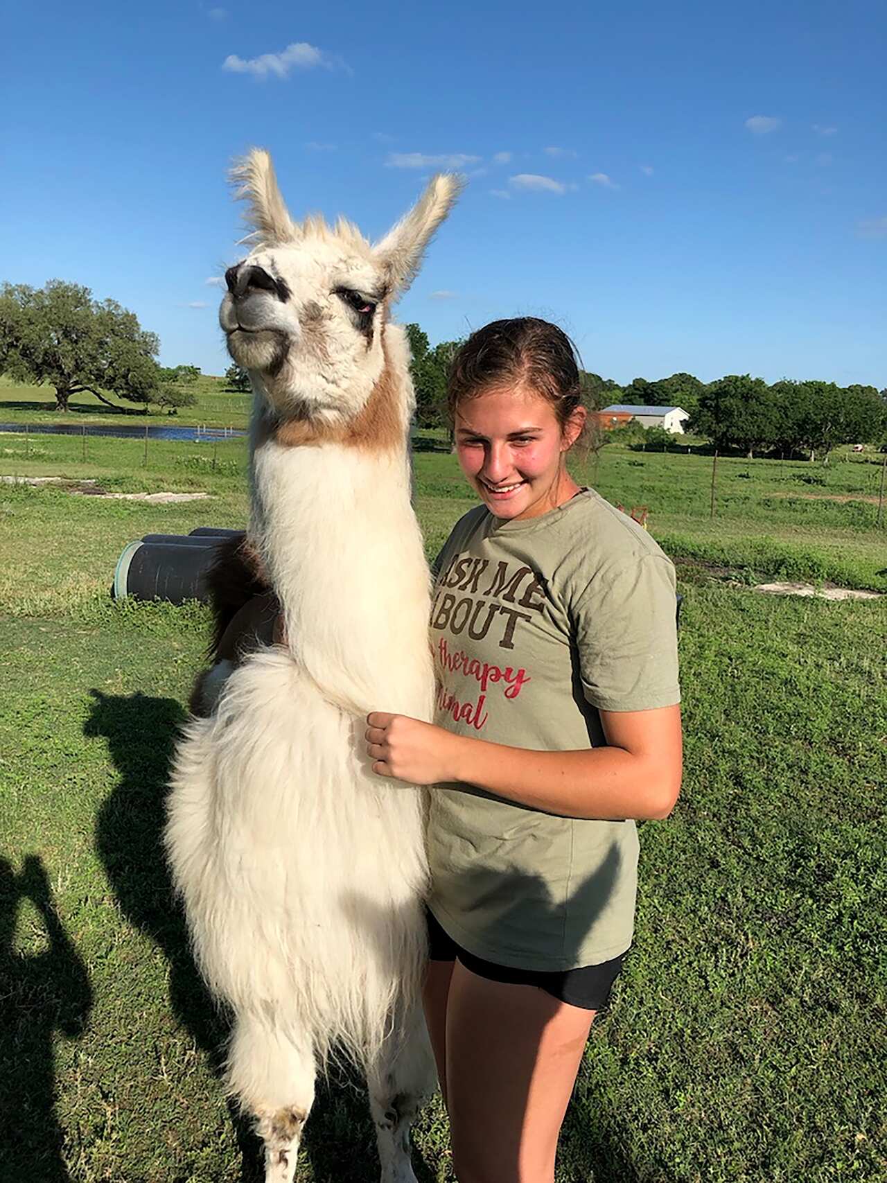 Zoe Rutledge with a llama in her back yard in Stockdale, Texas, in April. (Jennifer Kingson via The New York Times)