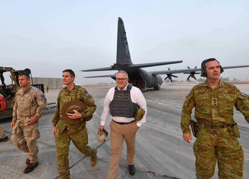 Prime Minister Scott Morrison is seen during a visit to Task Group Taji at Taji Military Complex in Iraq.