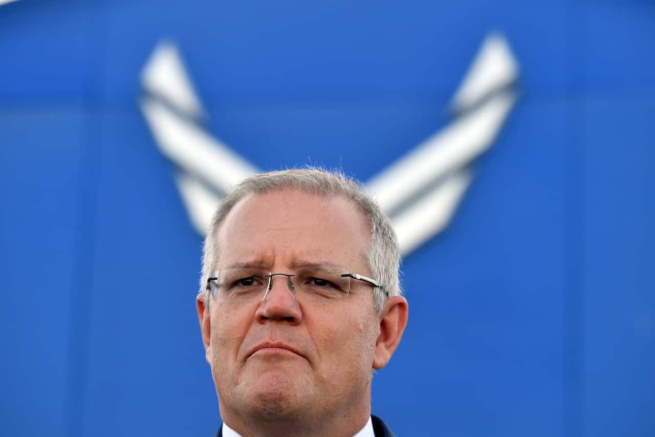 Prime Minister Scott Morrison speaks after arriving at Andrews Airforce Base.
