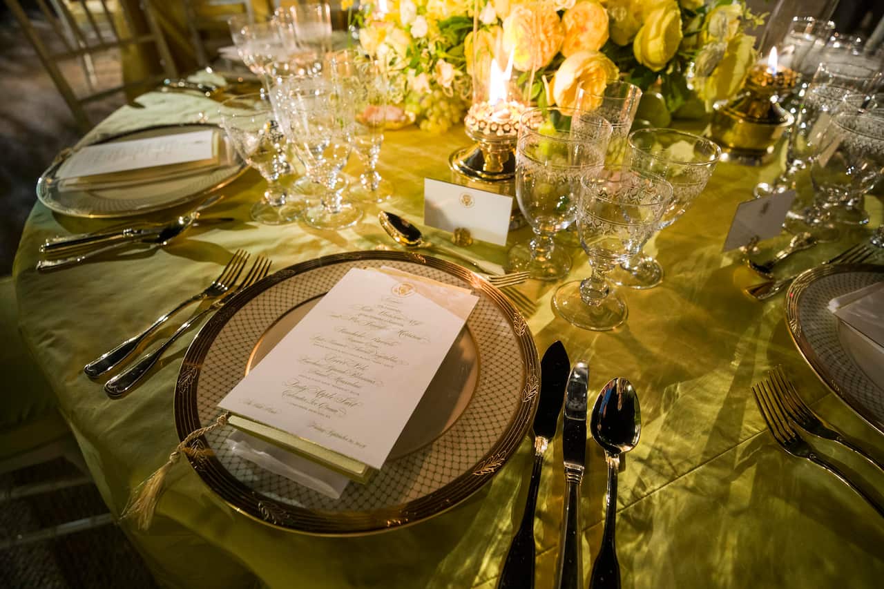 The set table ahead of the state dinner between the US president and Prime Minister Scott Morrison. 