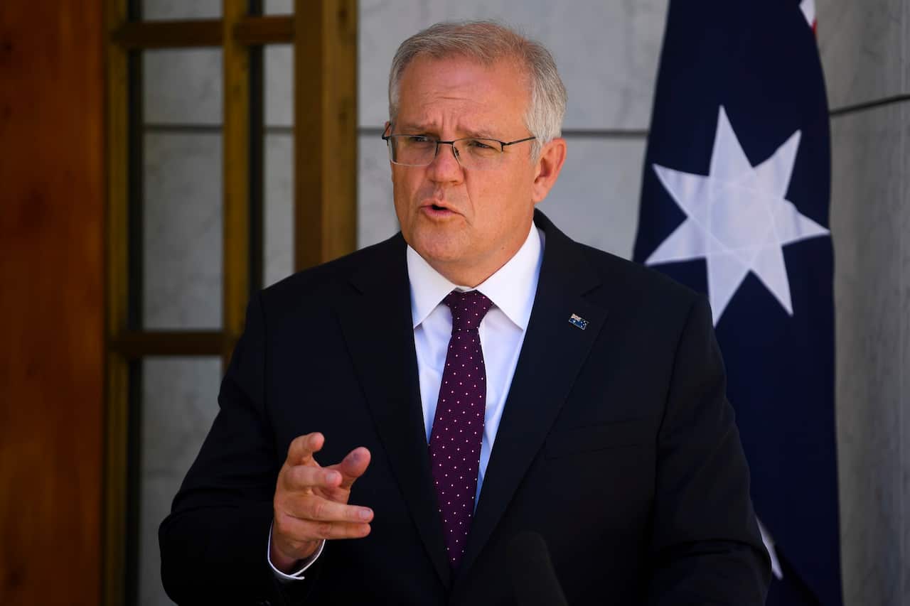 Australian Prime Minister Scott Morrison speaks during a press conference following a national cabinet meeting.