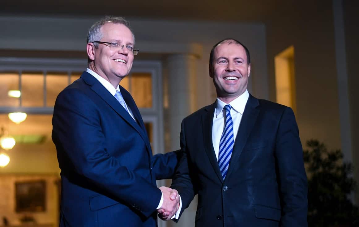 Prime Minister Scott Morrison and Deputy Liberal leader Josh Frydenberg after a swearing in ceremony at Government House in Canberra, Friday, August 24, 2018.