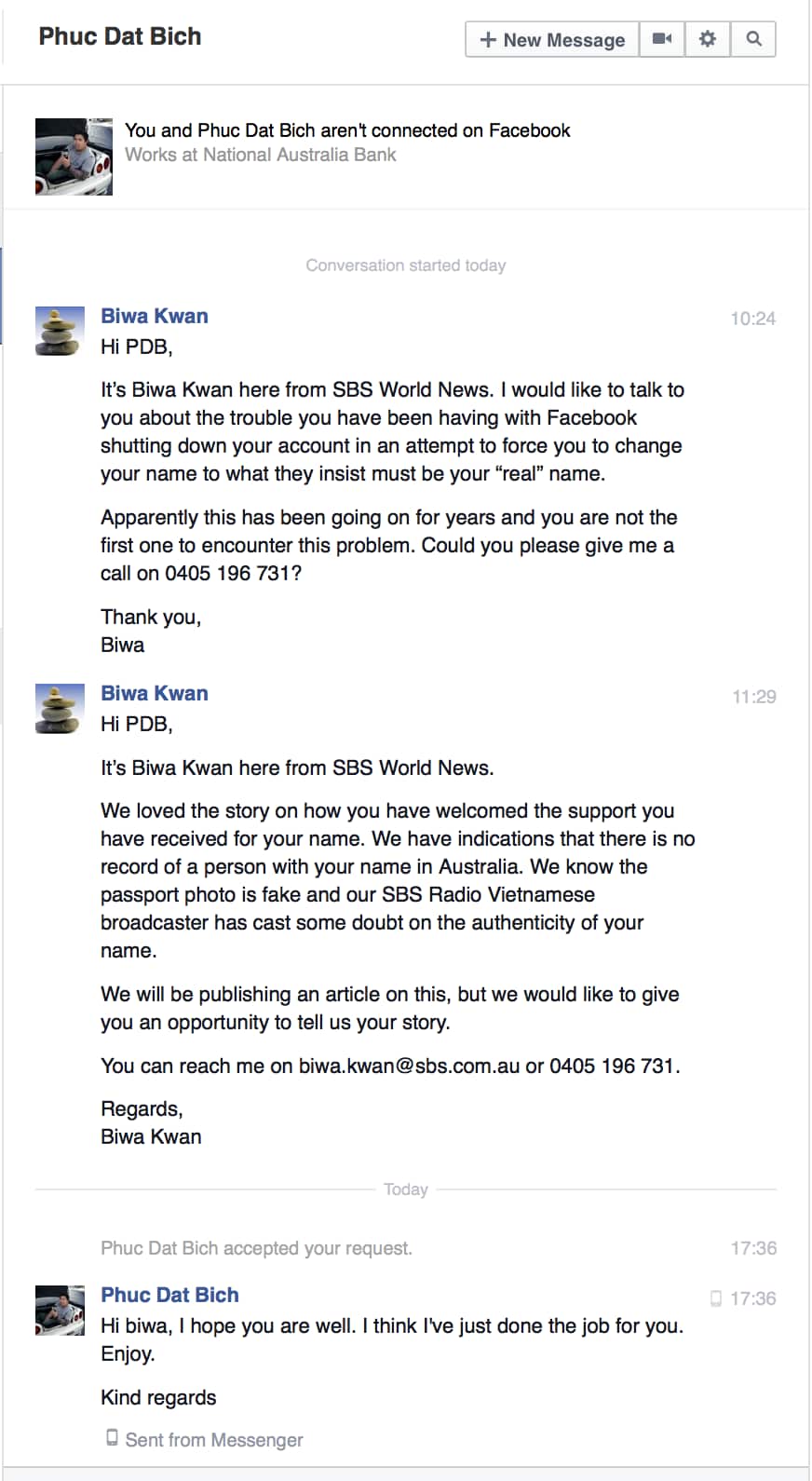 A screengrab SBS journalist Biwa Kwan's message to the man styling himself as Phuc Dat Bich.