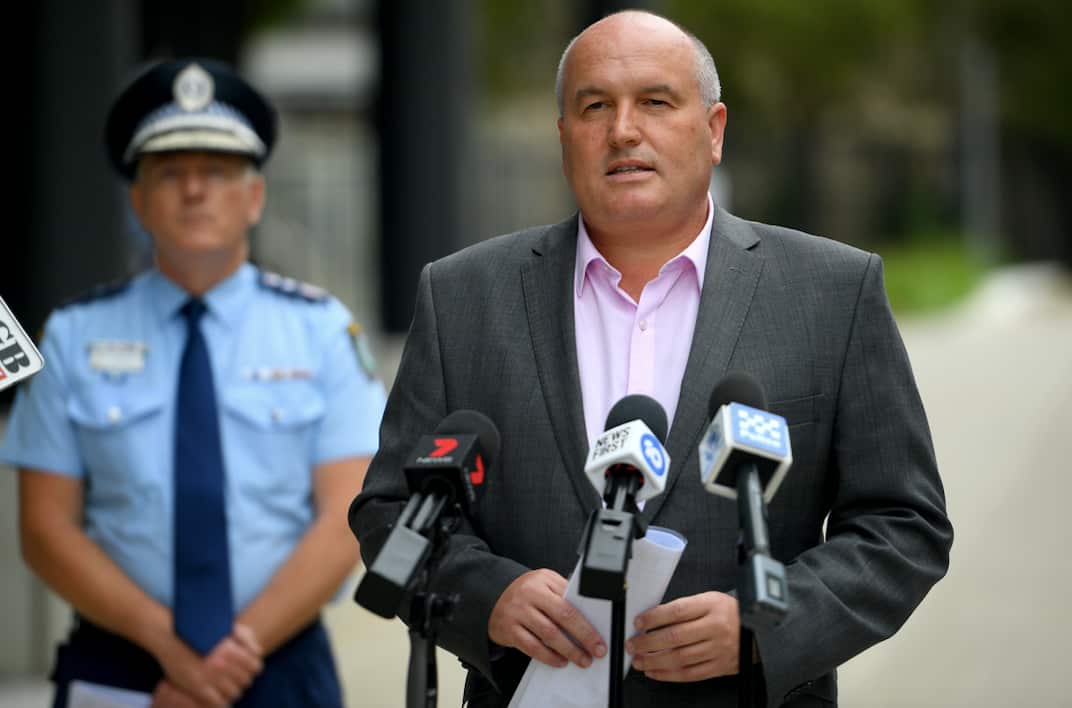 NSW Police Commissioner Mick Fuller and NSW Police Minister David Elliott address media.