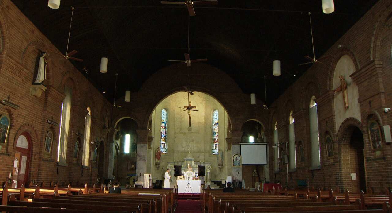 Archdiocese of Sydney auxiliary bishop Richard Umbers livestreaming his Easter Sunday service