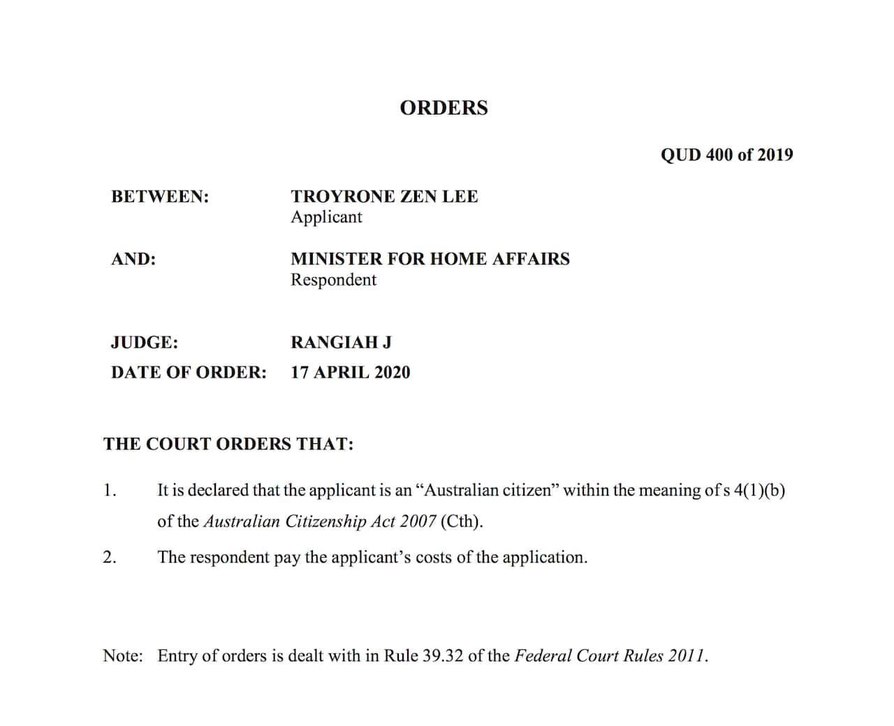 "Australian citizen": Federal Court order in Troyzone Zen Lee case