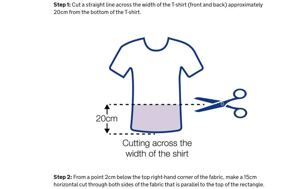 Directions published by the United Kingdom government on how to make a face mask from an old t-shirt.