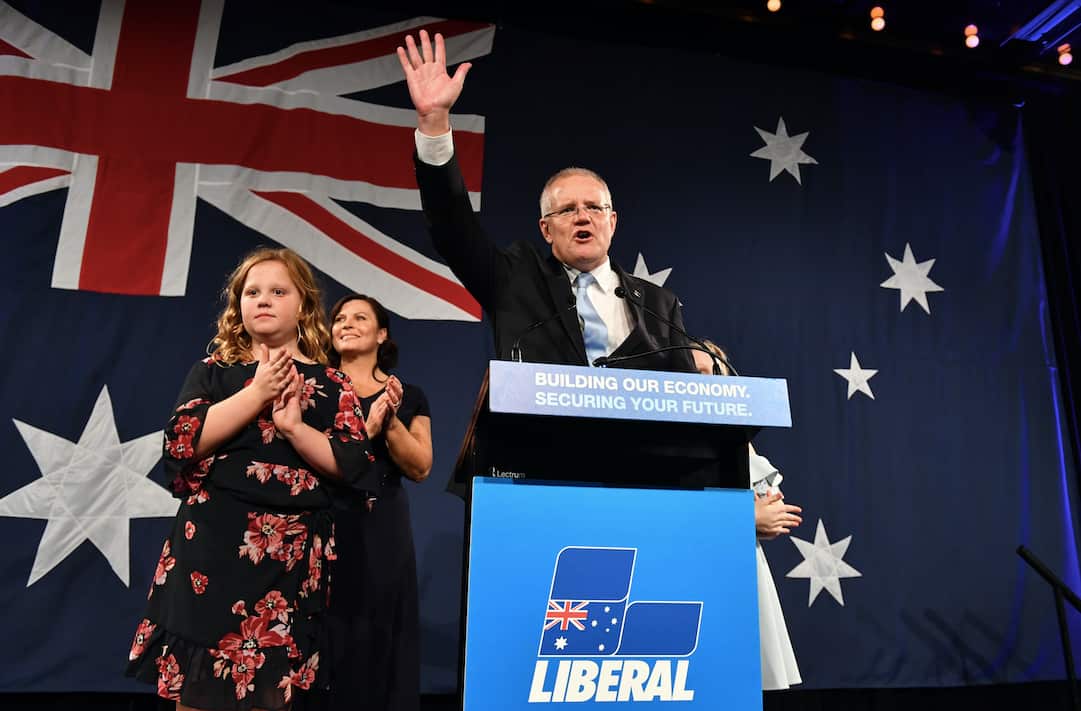 Prime Minister Scott Morrison on election night in 2019 at the Wentworth Sofitel Hotel.