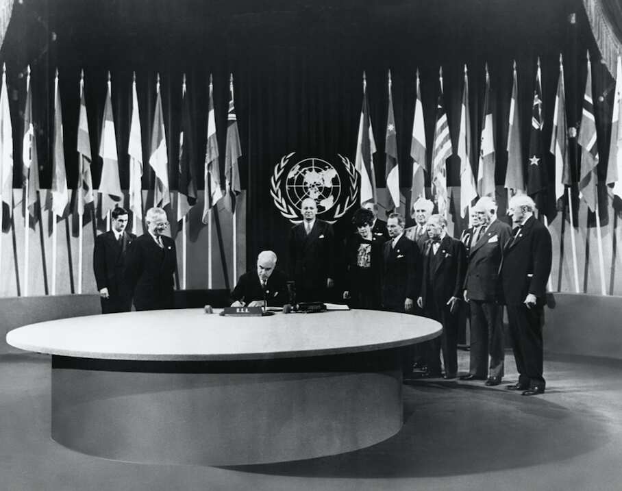 The signing of the United Nations Charter in 1945.