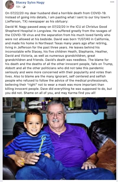 David's husband Stacey posted the obituary on Facebook.