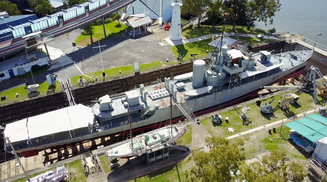 HMAS Diamantina in the Queensland Maritime Museum dry dock. 
