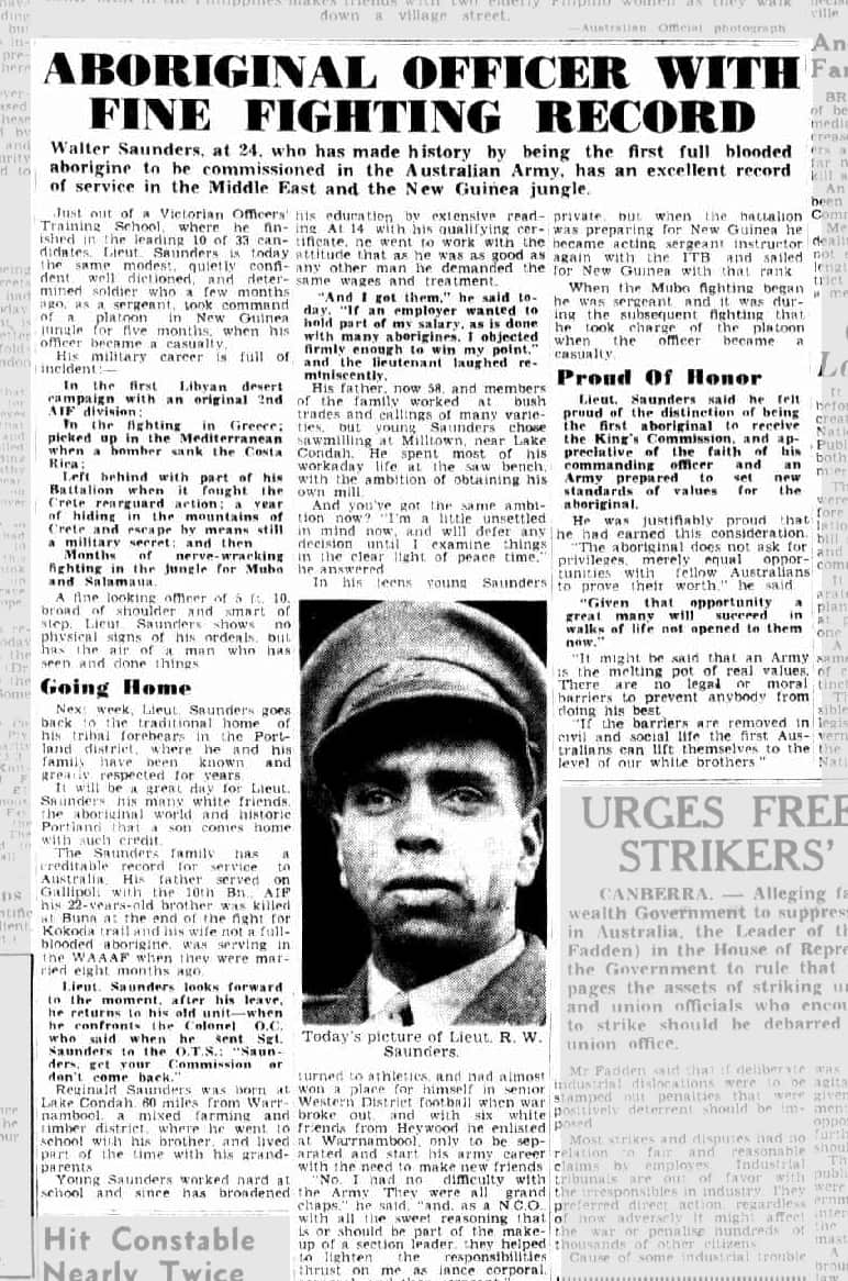 Melbourne Herald article on Lt Reg Saunders in 1944.