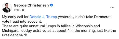 George Christensen's Facebook post supporting Donald Trump's claims of voter fraud.