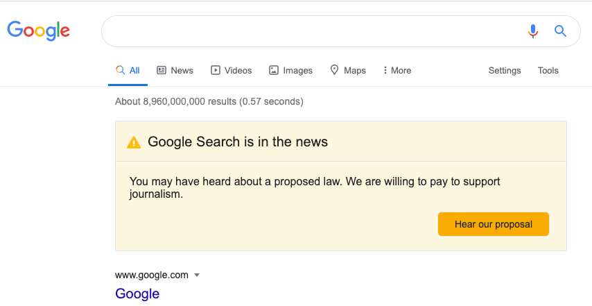 A Google message regarding proposed legislation is being presented to Australian users of the company's search engine.