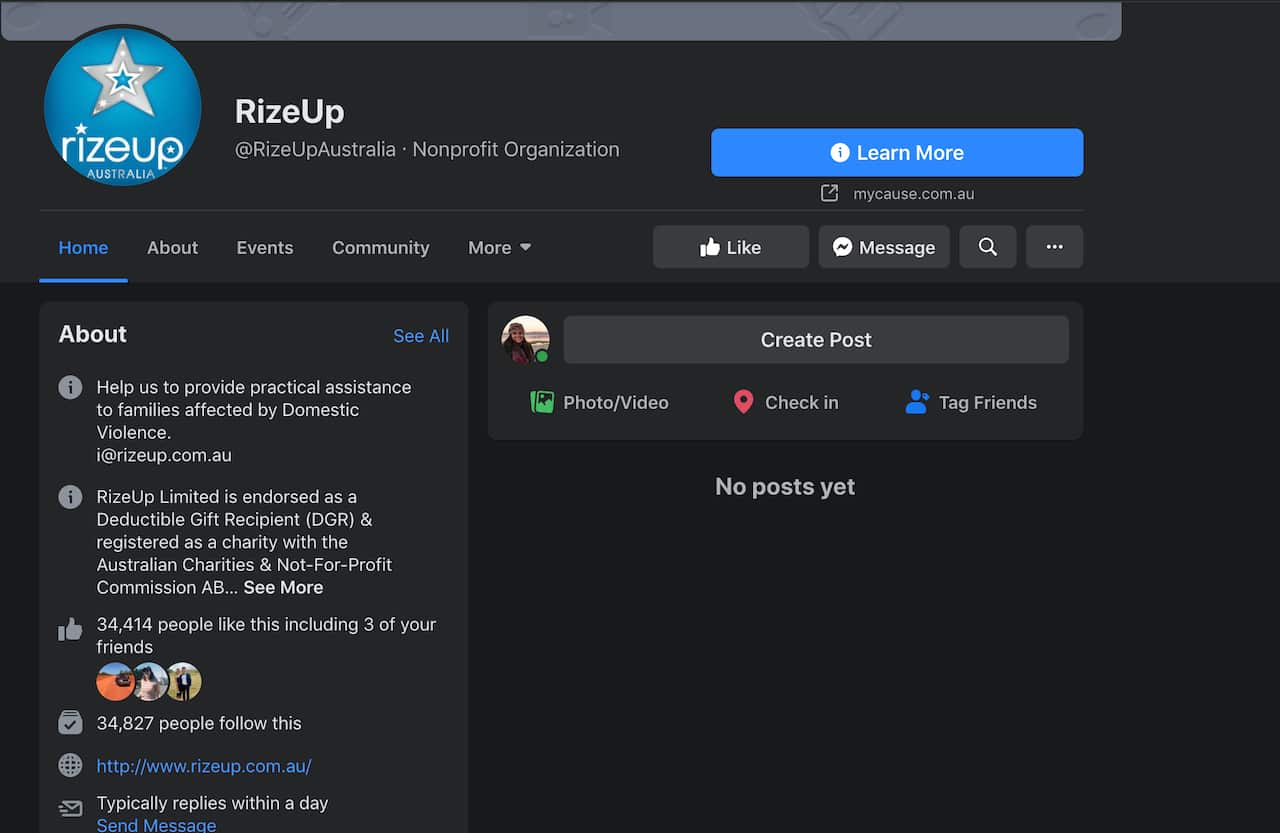 RizeUp Australia's Facebook page remains blocked on Thursday night. 