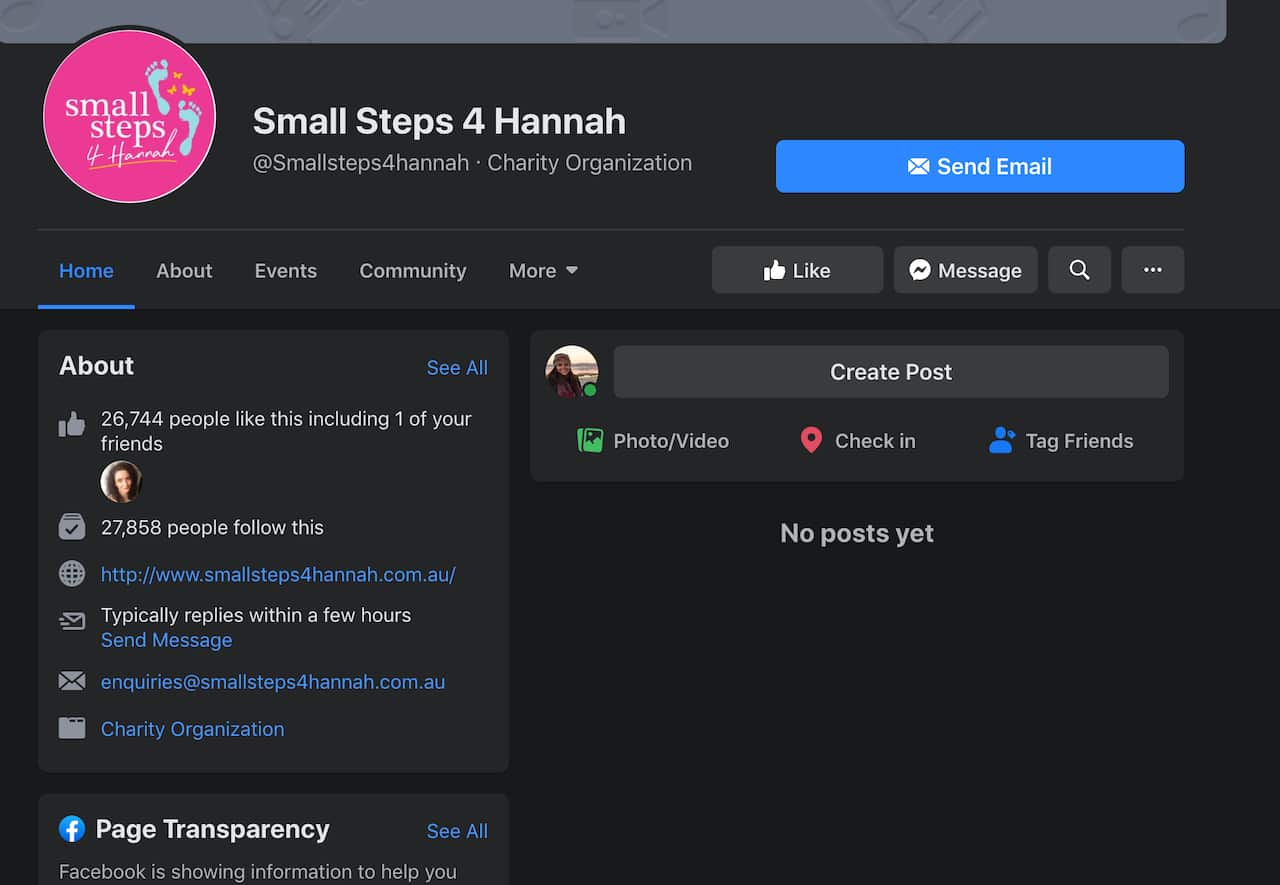The Facebook page for 'Small Steps 4 Hannah' remains down on Monday evening. 