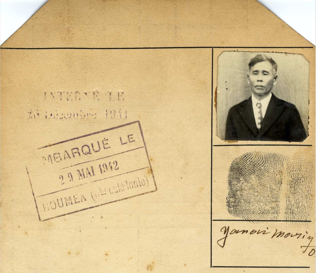 Morizo Yanai's internment card from New Caledonia.