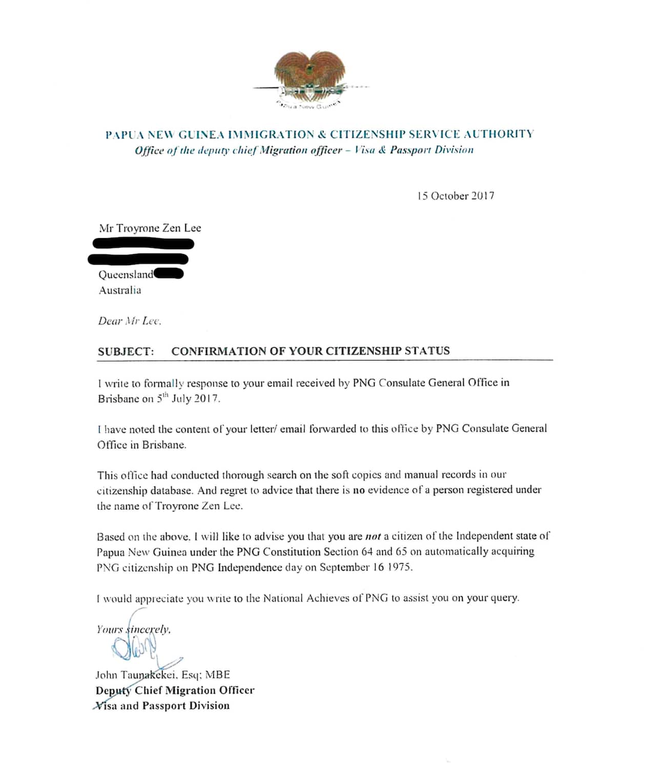 Letter from PNG Government confirm Mr Lee is not a citizen.
