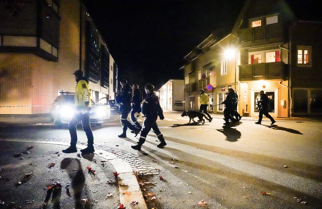 Police investigate a site of an attack in Kongsberg, Norway.