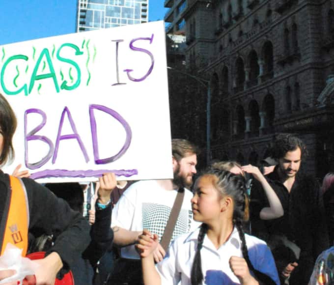 Shuzhong attending a school strike in Melbourne prior to lockdown.