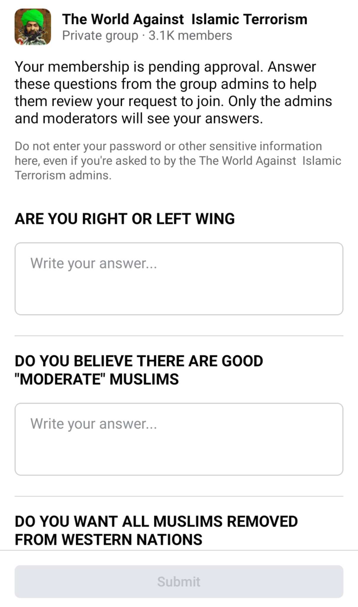 An example of an anti-Islam Facebook group's questions before submission to the group.