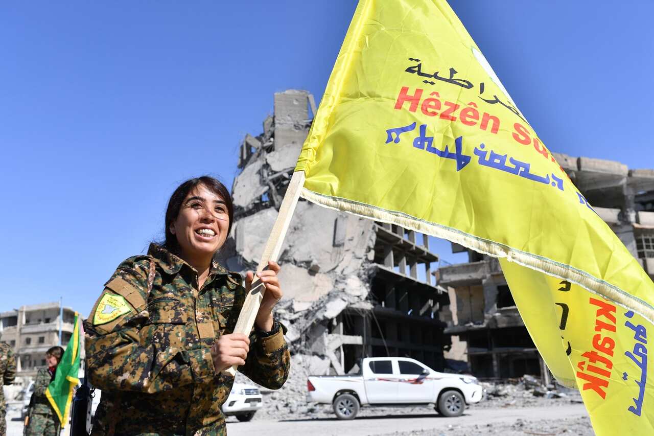 SDF commander Rojda Felat celebrates in Raqqa
