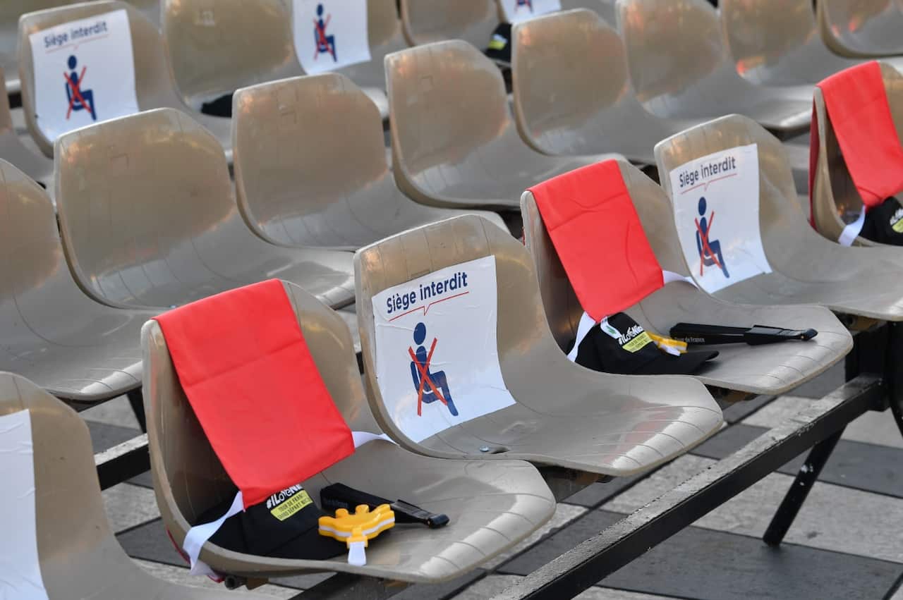 Reserved seating pictured at the team presentation ahead of the 107th edition of the Tour de France cycling race, in Nice.