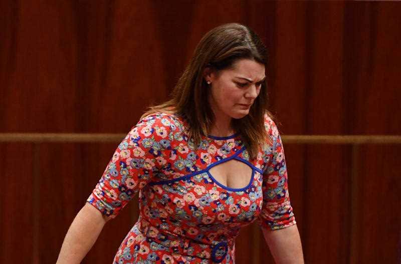 An upset looking Greens Senator Sarah Hanson-Young reacts after the vote to suspend Australian Greens leader, Senator Richard Di Natale.
