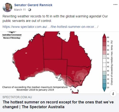 Senator Gerard Rennick's Facebook post accusing BOM of 'rewriting weather records'.