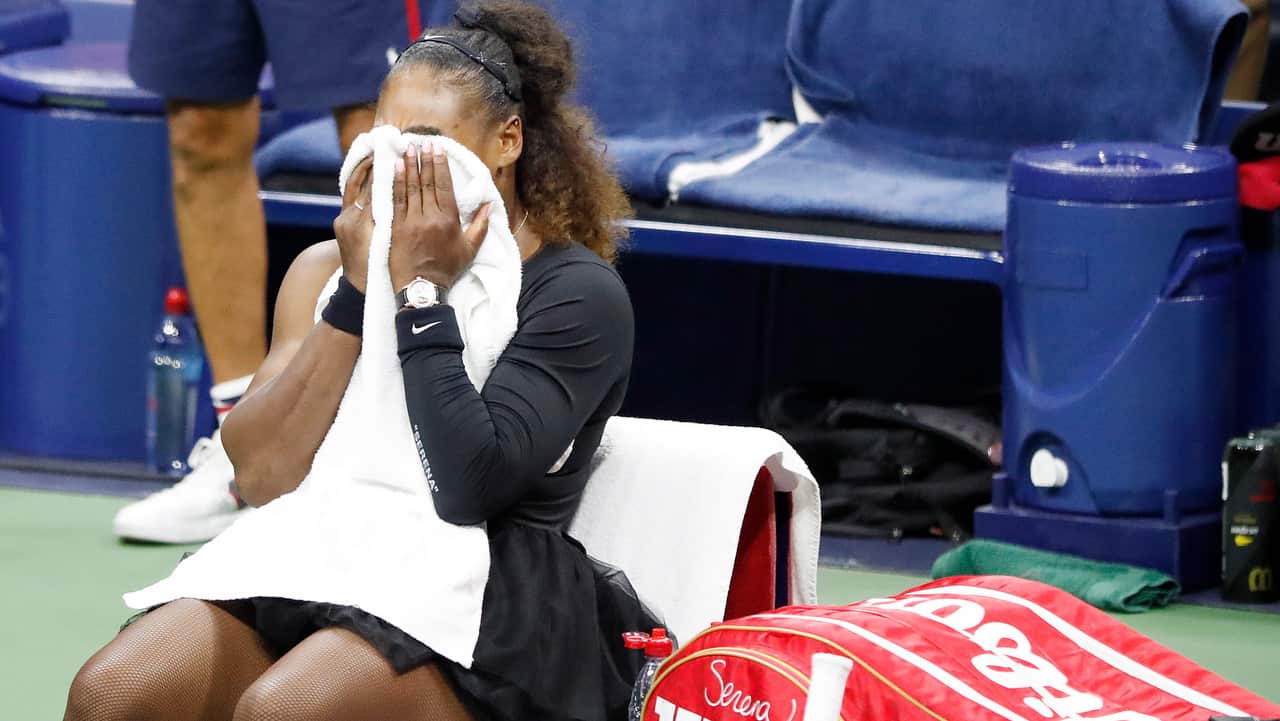 Serena Williams of the US reacts during the final changeover.