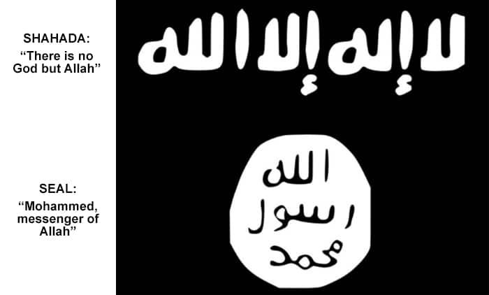 The Shahada flag contains the testimony of the Islamic creed, declaring belief in the oneness of God and the acceptance of Mohammed as God's prophet. (SBS)