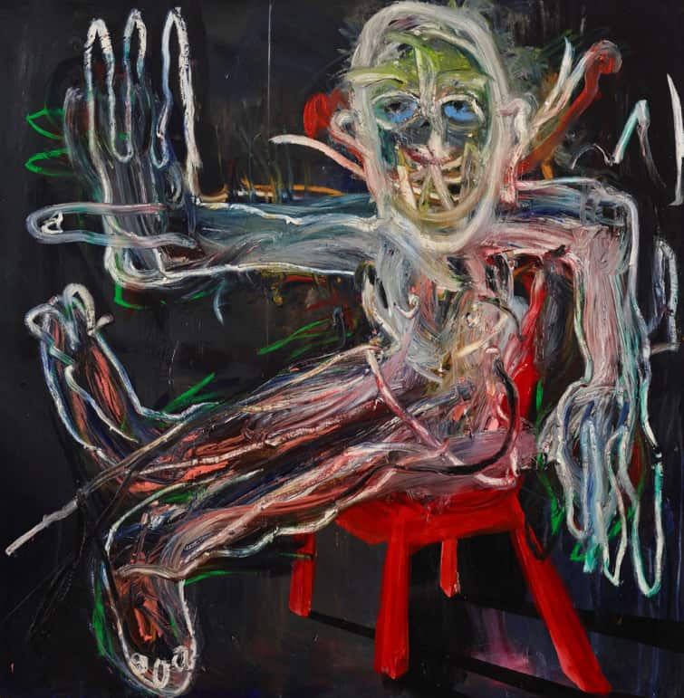 Shane Bowden, 'Self-portrait sitting in a red chair, Avalon', oil on canvas,193.5 x 190 cm.