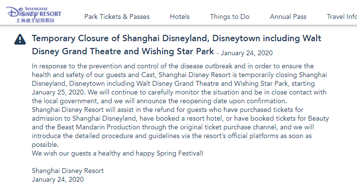 The Shanghai Disney Resorts says tickets will be refunded after they decided to temporarily close in response to the coronavirus outbreak.