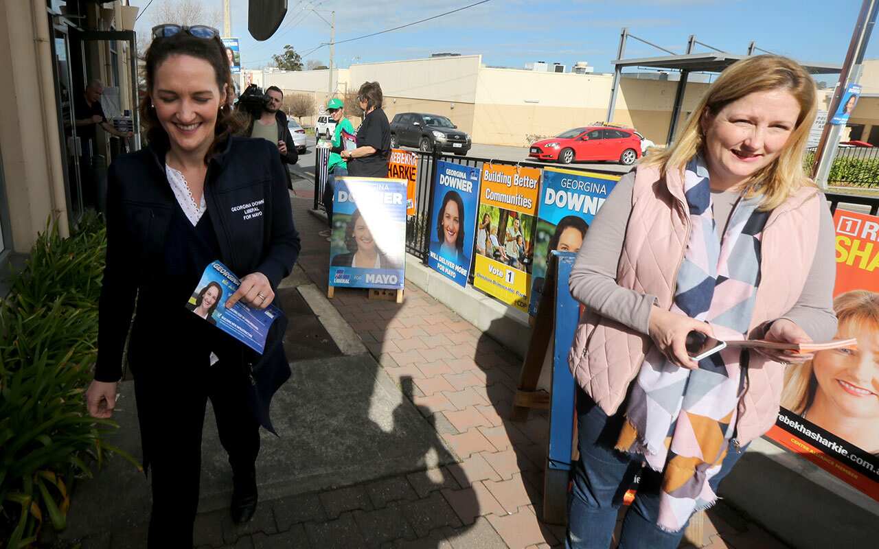 Mayo candidates Rebekha Sharkie (right) and Georgina Downer at a Mayo by-election pre-polling booth in Mount Barker, Adelaide