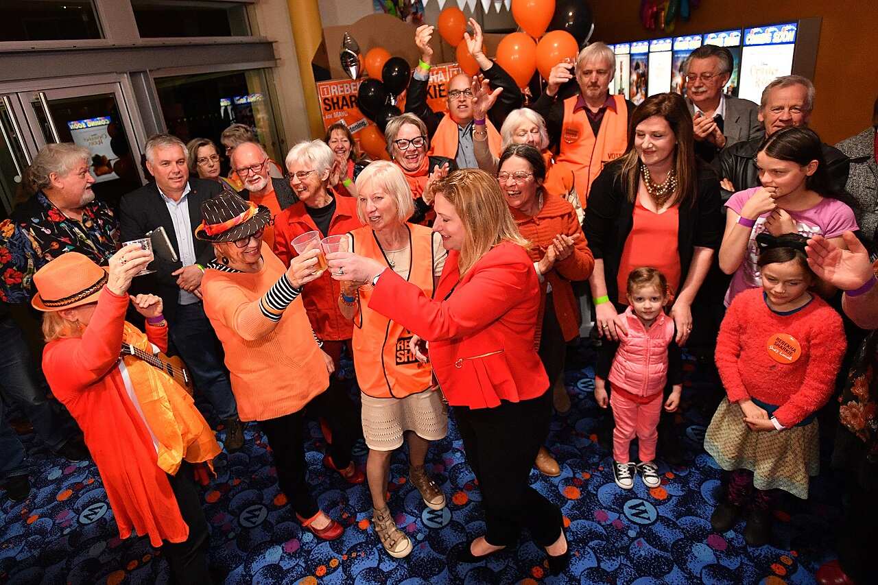 Centre Alliance candidate for Mayo, Rebekha Sharkie (centre) is seen with supporters at the Mt Barker Wallis theatre in Adelaide.