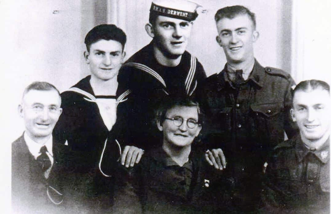 Studio portrait of the Sheean family. Teddy Sheean (back row, left) was born at Lower Barrington, Tasmania, on 28 December 1923.