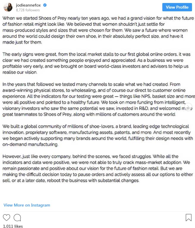 Co-founder of Shoes of Prey Jodie Fox shares business troubles through social media 