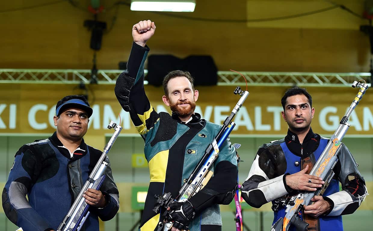 Gold medalist Dane Sampson celebrates during Shooting on day four of the Commonwealth Games.