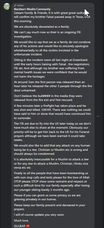 A Facebook post by Faisal Akram, the shooter's brother on a Blackburn community page.