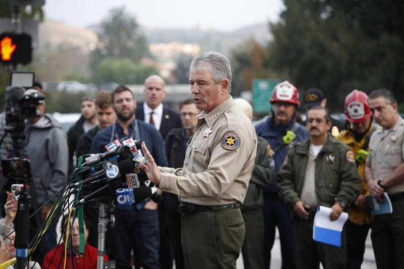Ventura County Geoff Dean addresses the media about the mass shooting. A sheriff's deputy, 12 attendees and the gunmen were killed.
