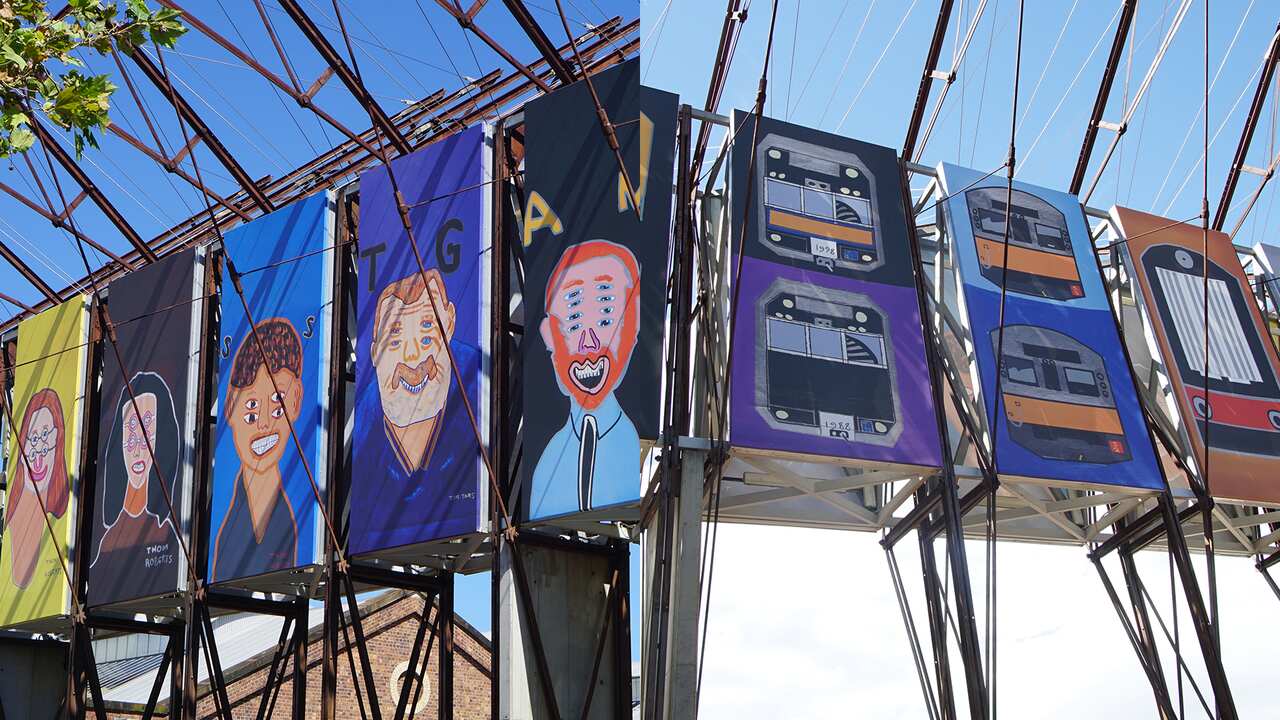 Thom Roberts' work was recently chosen for The National: New Australian Art 2019 in Sydney. One side shows people (left), the other shows them as trains (right)