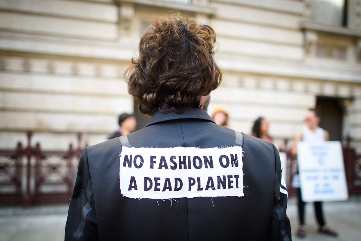 Extinction Rebellion protesters outside the Victoria Beckham catwalk show, during Spring/Summer 2020 London Fashion Week.