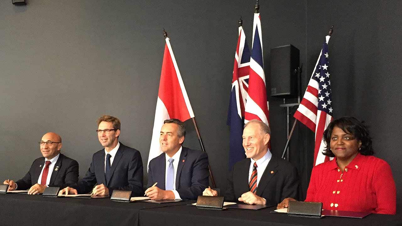 Australia's Veterans' Affairs minister, Darren Chester with his counterparts from the United Kingdom, New Zealand, Canada and the United States