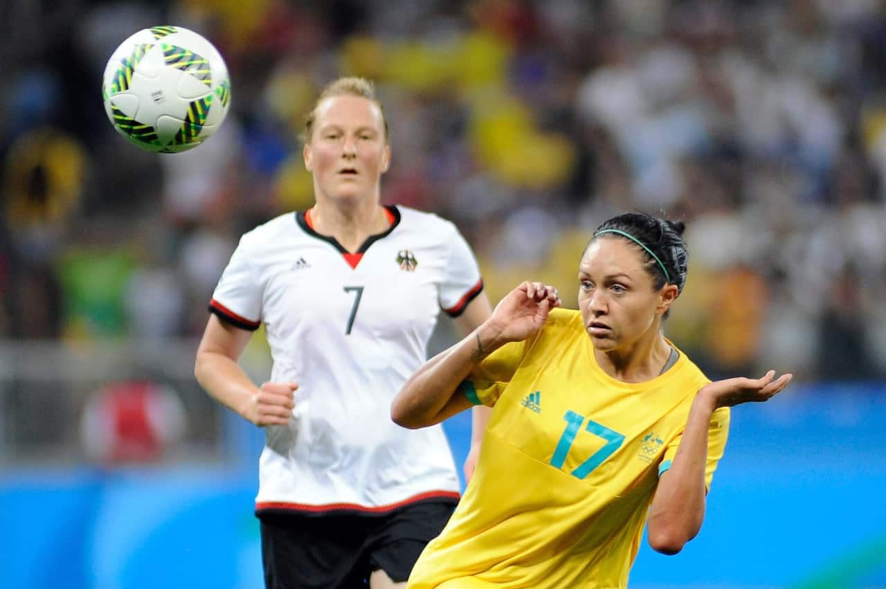 Kyah Simon (R) at the Rio 2016 Olympic Games (AAP)