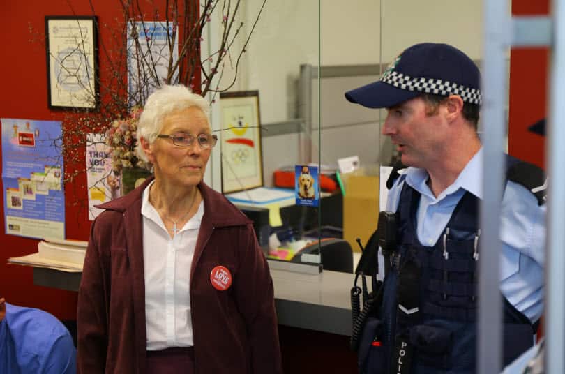 Sister Jane Keough before being arrested at Senator Zed Seselja's office (Kate Ausburn)