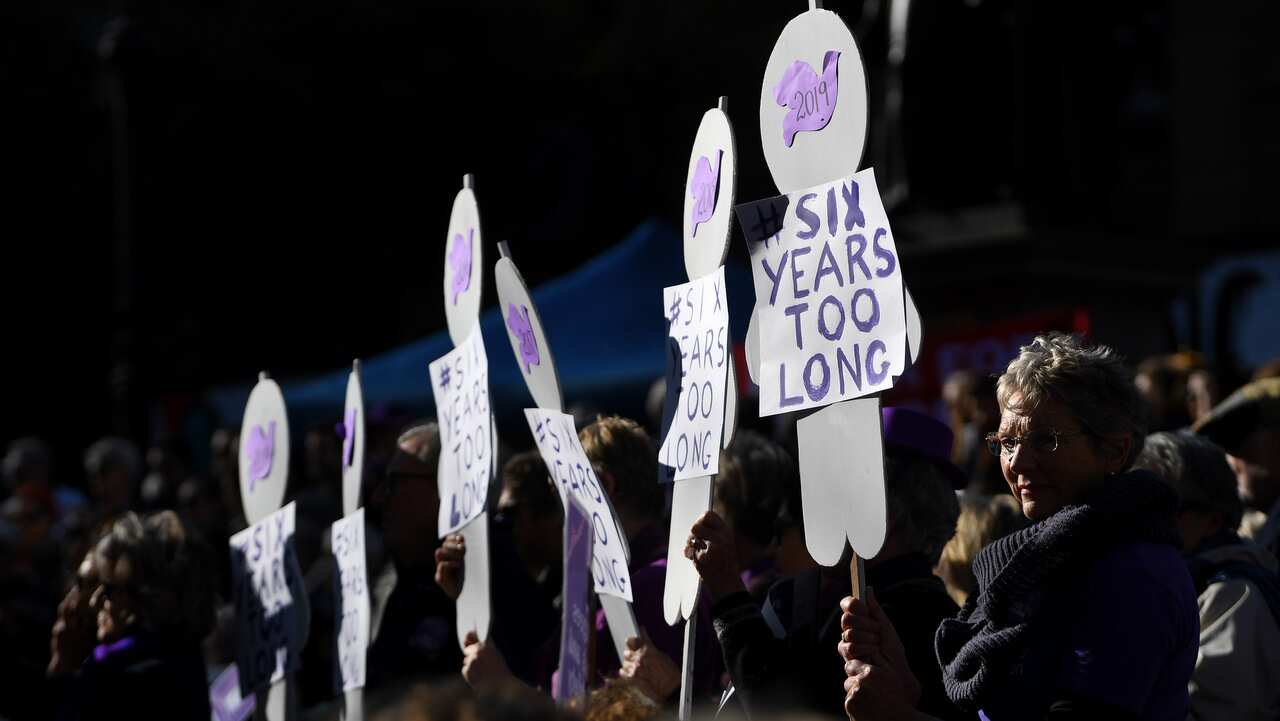 Protesters outside of the State Library of Victoria.