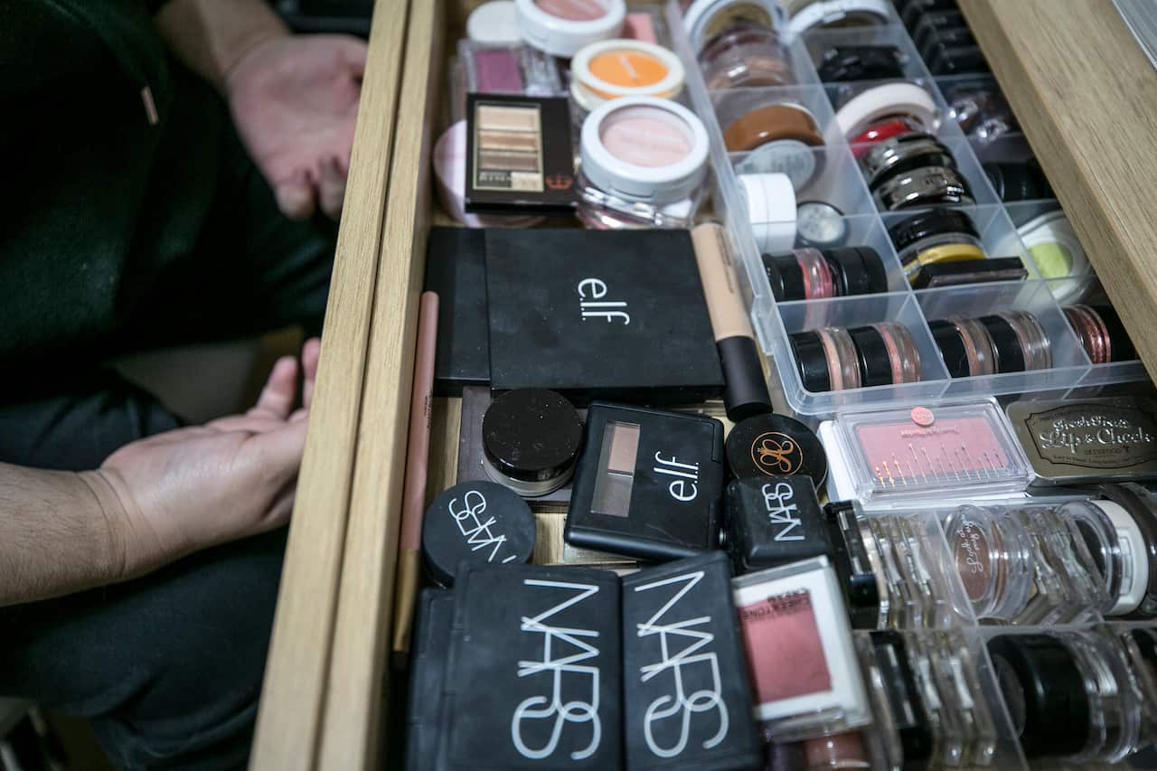 Lina Bae’s drawer full of makeup kits.