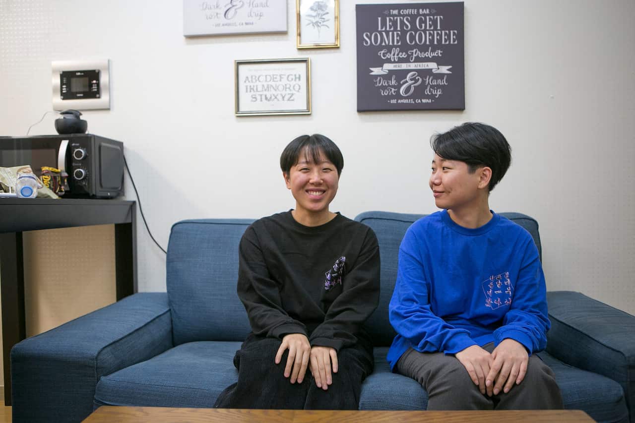 'The violence against people who leave the mainstream path is very intense in South Korea,' said Seo Sol, right, who has a YouTube talk show about feminism.